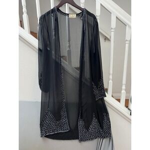 Scala Black Sheer Beaded Duster Cardigan Gunmetal Honeycomb Bead Mesh Cover Up